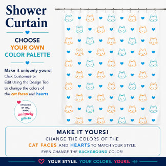 Rideaux De Douche Mignons visages de chat Kawaii et cœurs bleu orang
