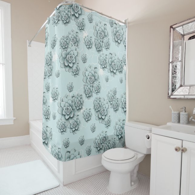 Rideaux De Douche Mint Blue Succulents sur motif simple Répéter (En situation)
