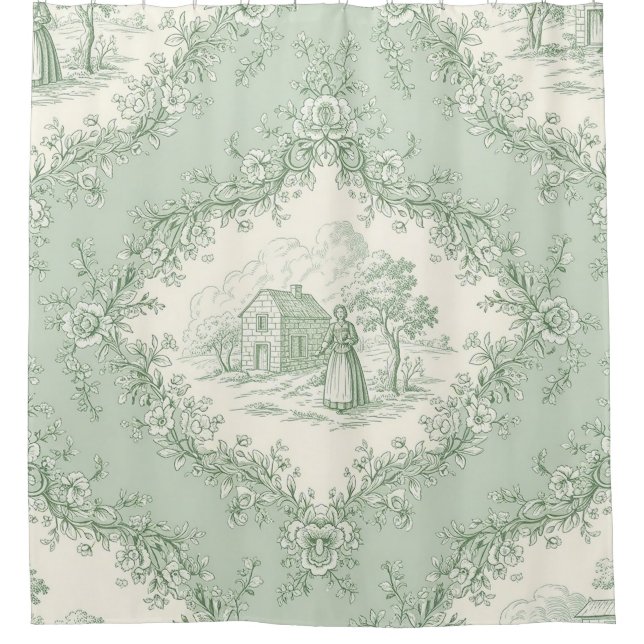 Rideaux De Douche Mint Green French Country Floral Toile - Farmhouse (Devant)
