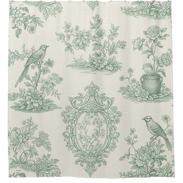 Rideaux De Douche Mint Green Toile Floral and Bird Pattern (Devant)