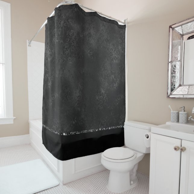 Rideaux De Douche Minuit Onyx Romance | Black Satiny Grunge Damask (En situation)