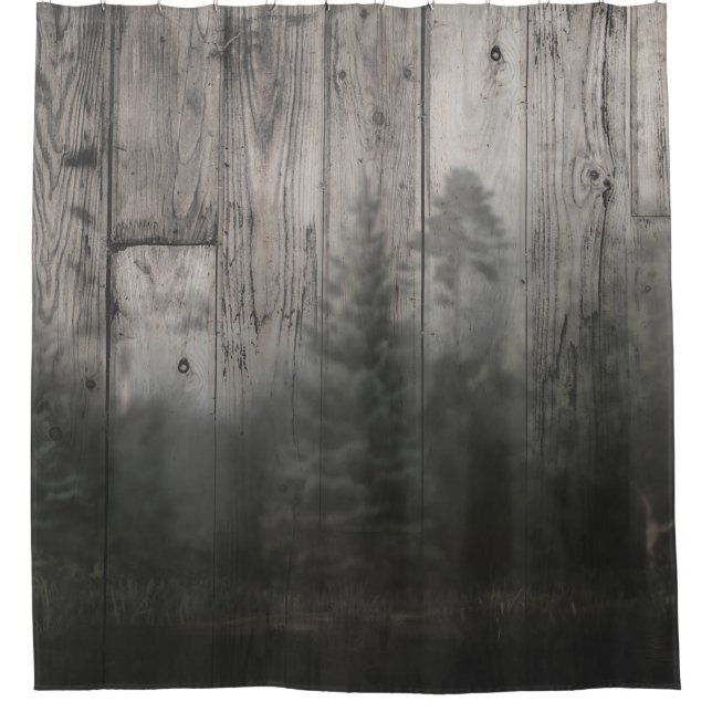 Rideaux De Douche Misty Forest Lake Pine Trees & Wood Rustic (Devant)