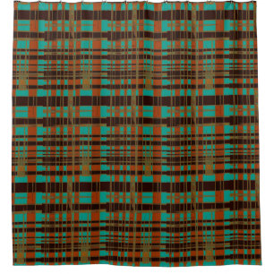 Rideaux De Douche Mod Retro Asymétrique Tartan Motif Cuivre Turquoi
