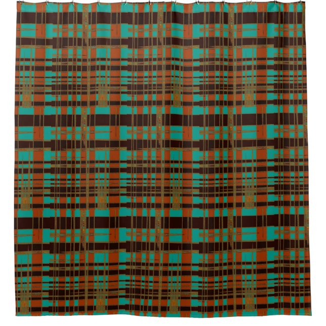 Rideaux De Douche Mod Retro Asymétrique Tartan Motif Cuivre Turquois (Devant)