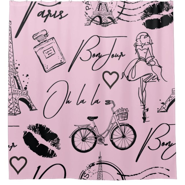 Rideaux De Douche Mode, calligraphie, Tour Eiffel, lèvres (Devant)
