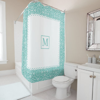 Rideaux De Douche Modèle, cadre et monogramme bleu turquoise clair