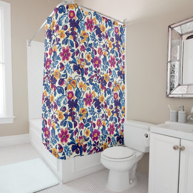 Rideaux De Douche Modèle floral coloré (En situation)