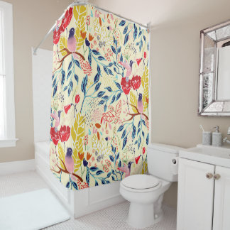 Rideaux De Douche Modèle floral coloré avec des pavots et des oiseau