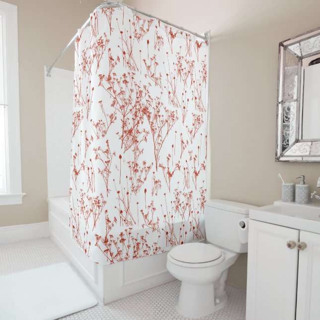 Rideaux De Douche Modern Abstract Red toile Wildflowers on White (En situation)
