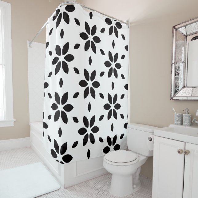 Rideaux De Douche Modern Black and White Abstract Floral  (En situation)