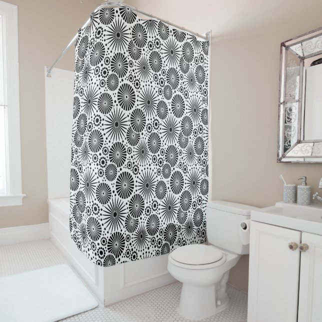 Rideaux De Douche Modern Black White Geometric Flowers Starburst  (En situation)