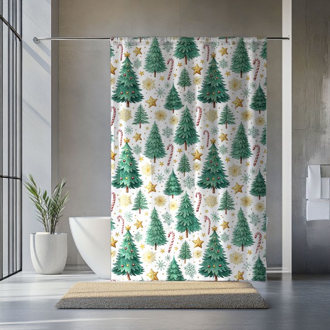 Rideaux De Douche Modern Christmas Trees Red Green Gold Bath Decor (Modern Christmas Trees Red Green Gold Bath Decor Shower Curtain)