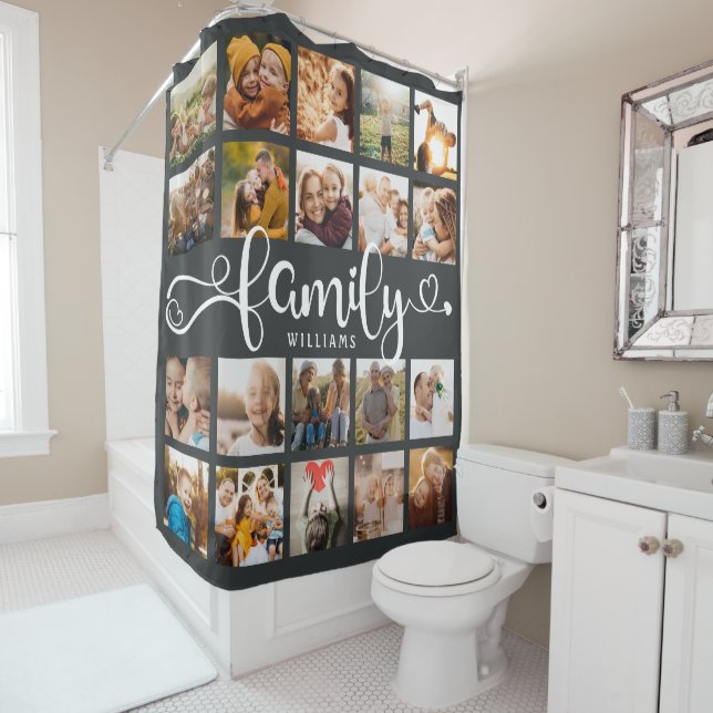 Rideaux De Douche Modern Family Script 20 Photo Collage gris chic (En situation)
