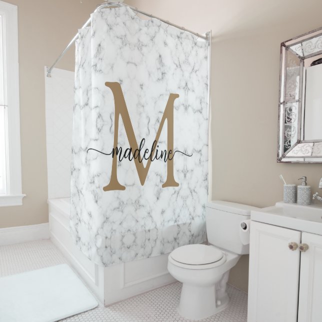 Rideaux De Douche Modern Marble Gold Girly Script Monogram (En situation)
