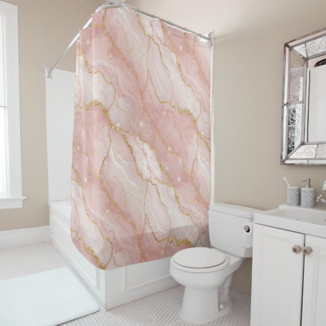 Rideaux De Douche Modern Rose Quartz Marble Gold (En situation)