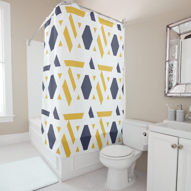 Rideaux De Douche Moderne, abstrait, bleu marine, jaune, blanc motif (En situation)