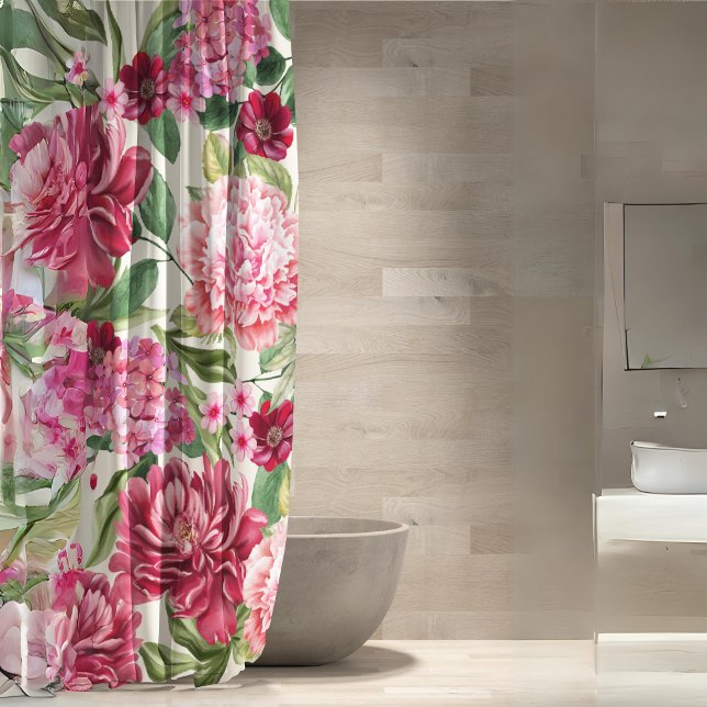 Rideaux De Douche Moderne Aquarelle fleurie rose rouge (Créateur téléchargé)