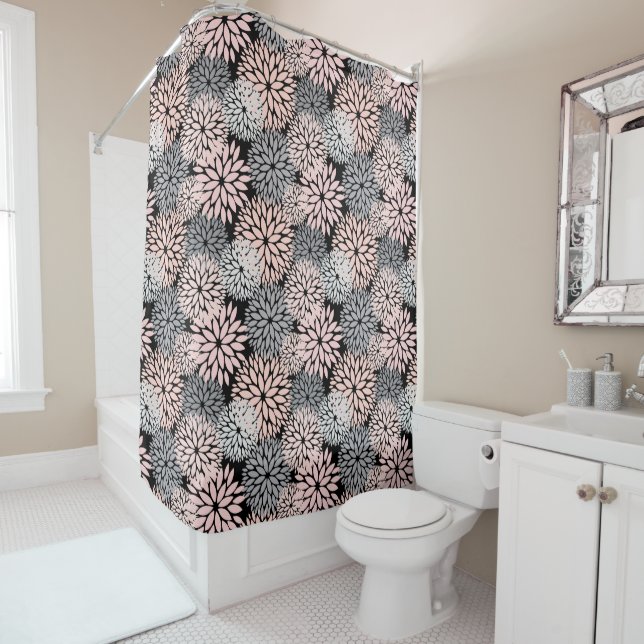 Rideaux De Douche Moderne Blush rose gris Dahlia Floral (En situation)