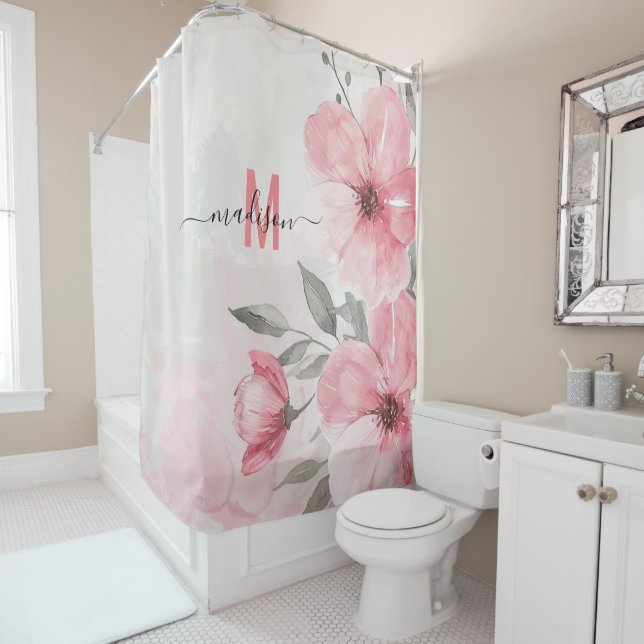 Rideaux De Douche Moderne Chic Monogramme Rose Écriture Drôle Mariag (En situation)