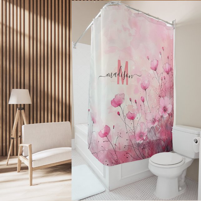 Rideaux De Douche Moderne Chic Rose Monogramme Élégant Écriture Mari (Créateur téléchargé)