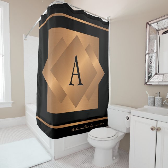 Rideaux De Douche Moderne élégant monogramme tendance or et noir (En situation)