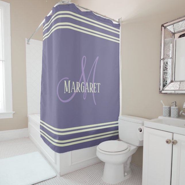 Rideaux De Douche Moderne élégant violet blanc nom personnalisé  (En situation)