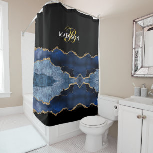 Rideaux De Douche Moderne Monogramme Bleu Black Agate Or