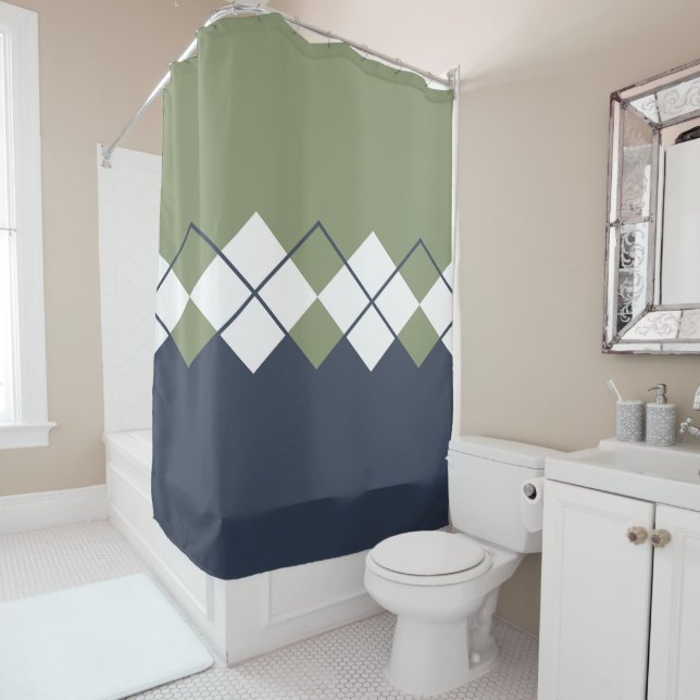 Rideaux De Douche Moderne, motif diamant, vert olive, bleu marine (En situation)