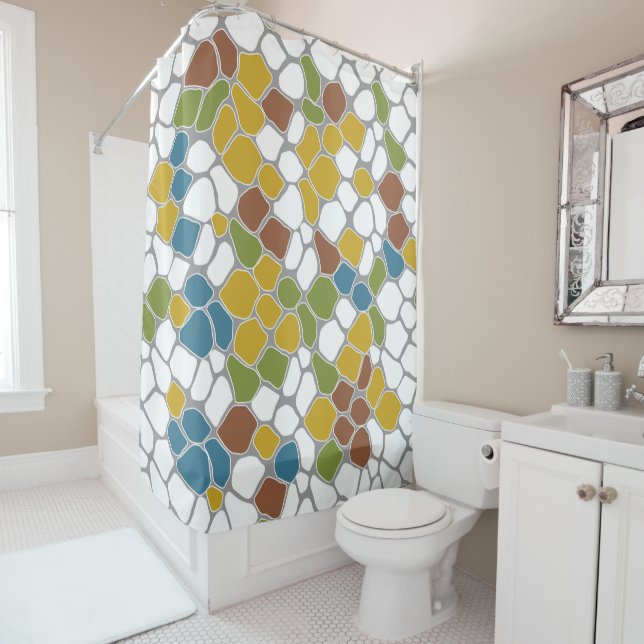 Rideaux De Douche Moderne, moutarde jaune, turquoise, vert, blanc (En situation)