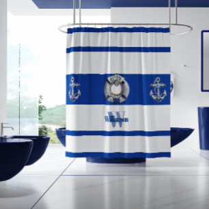 Rideaux De Douche Moderne tendance Nautique Bleu et Blanc Long