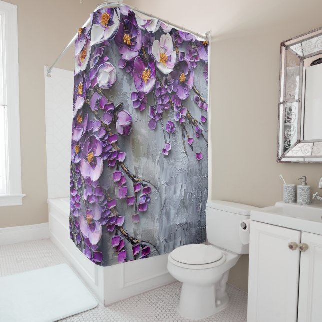 Rideaux De Douche Moderne Violet et Gris (En situation)