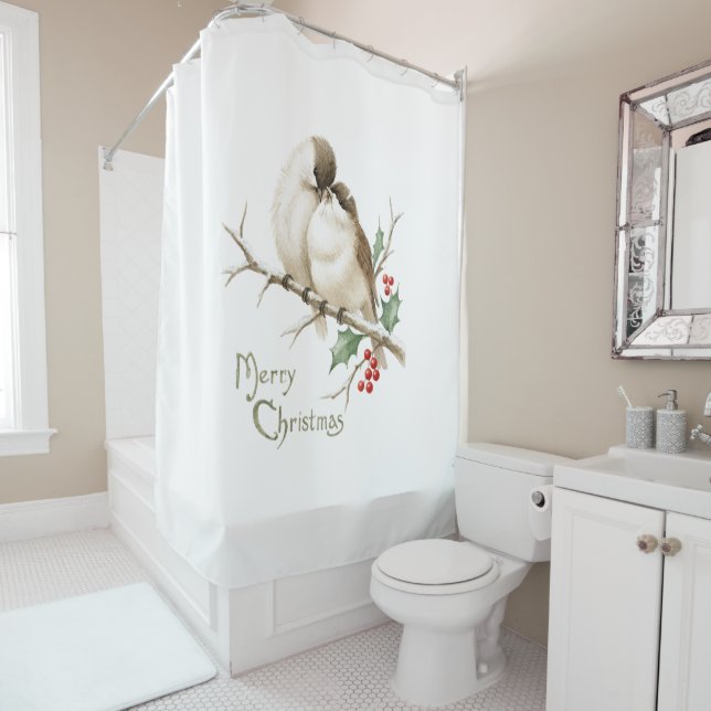 Rideaux De Douche Moineaux sur une branche de Noël (En situation)