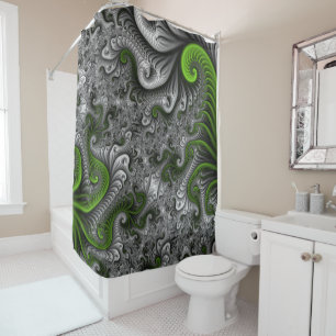 Rideaux De Douche Monde Fantastique Art Fractal Abstrait Vert Et Gri