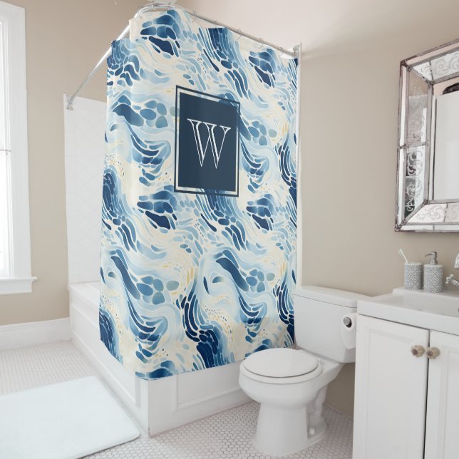 Rideaux De Douche Monogram Blue Abstrait Waves Beach Motif douche (En situation)
