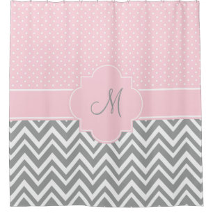 Rideaux De Douche Monogram Grey Chevron avec point Polka rose pastel