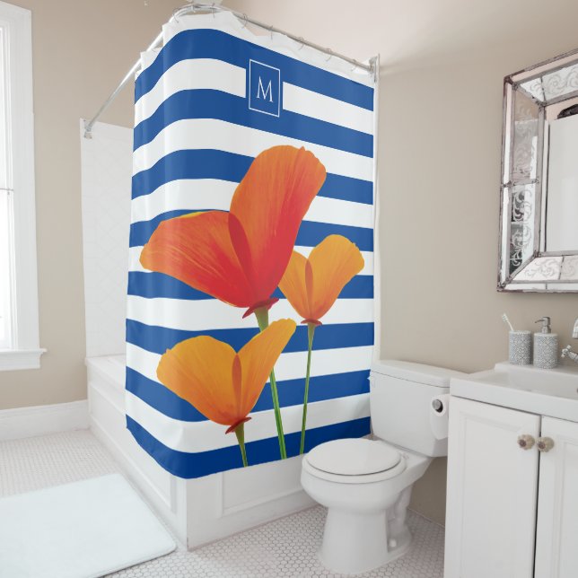 Rideaux De Douche Monogramme à rayures bleu chic (En situation)