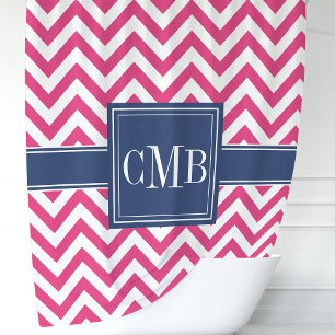 Rideaux De Douche Monogramme à rayures Chevron rose chaud et marine