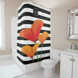 Rideaux De Douche Monogramme à rayures noires chic