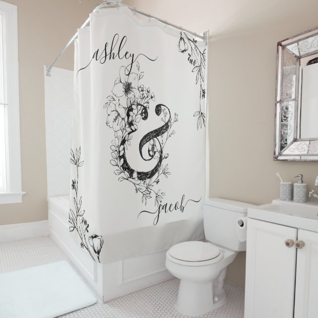 Rideaux De Douche Monogramme Ampersand Botanique Moderne Script Blus (En situation)