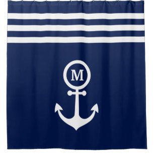 Rideaux De Douche Monogramme Ancre bleue de la marine marine sur mes