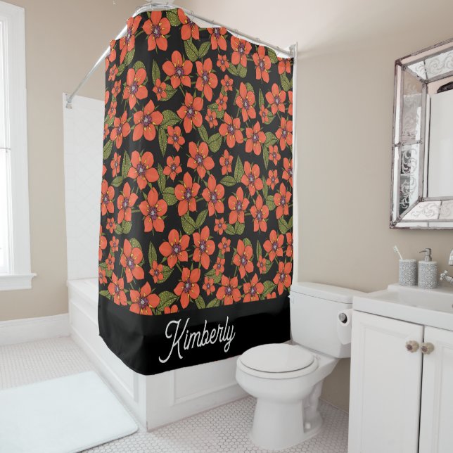 Rideaux De Douche Monogramme aquarelle florales rouges (En situation)