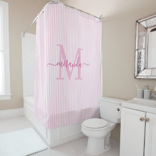Rideaux De Douche Monogramme avec rayures roses et blanches modernes