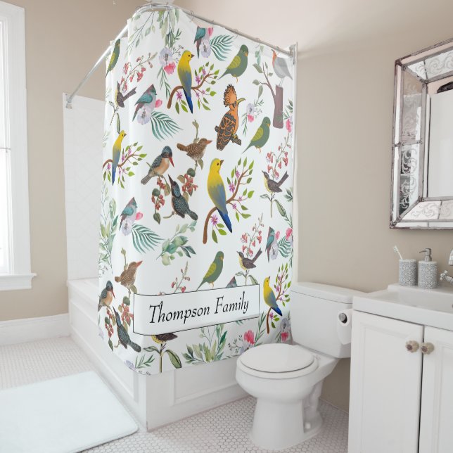 Rideaux De Douche Monogramme belle nature avec oiseaux l Blanc (En situation)