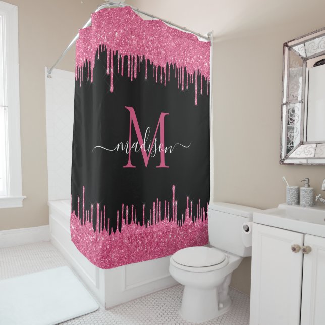 Rideaux De Douche Monogramme Black Metallic Hot rose Parties scintil (En situation)