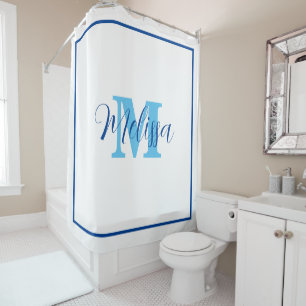 Rideaux De Douche Monogramme blanc bleu Nom personnalisé initial Élé
