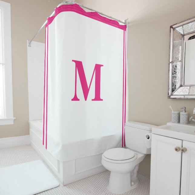 Rideaux De Douche Monogramme blanc rose chaud initial Nom personnali (En situation)