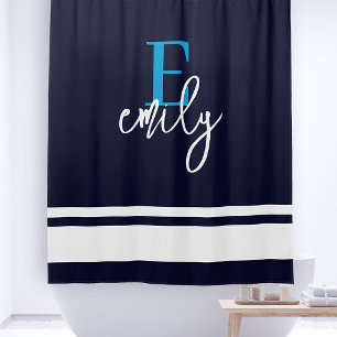Rideaux De Douche Monogramme Bleu blanc bleu marine