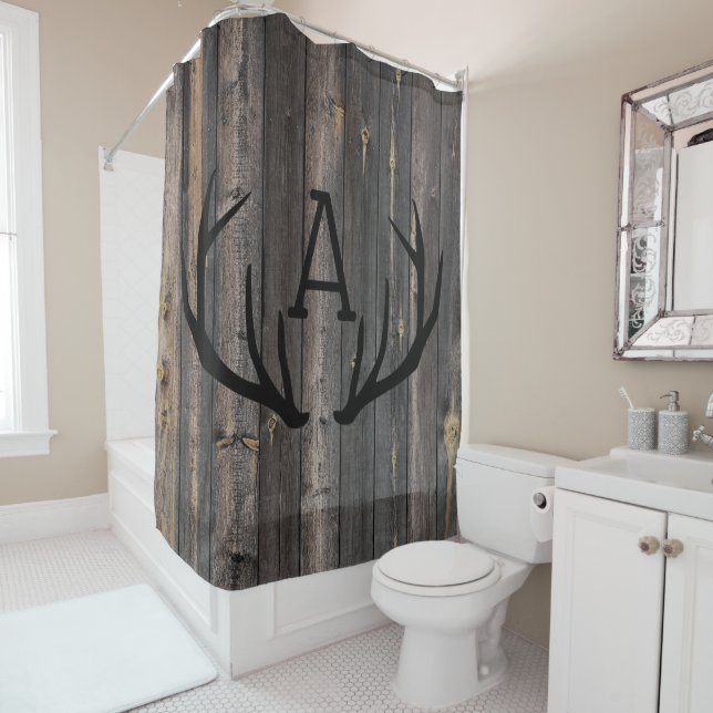 Rideaux De Douche Monogramme bois sombre rustique bois de cerf (En situation)