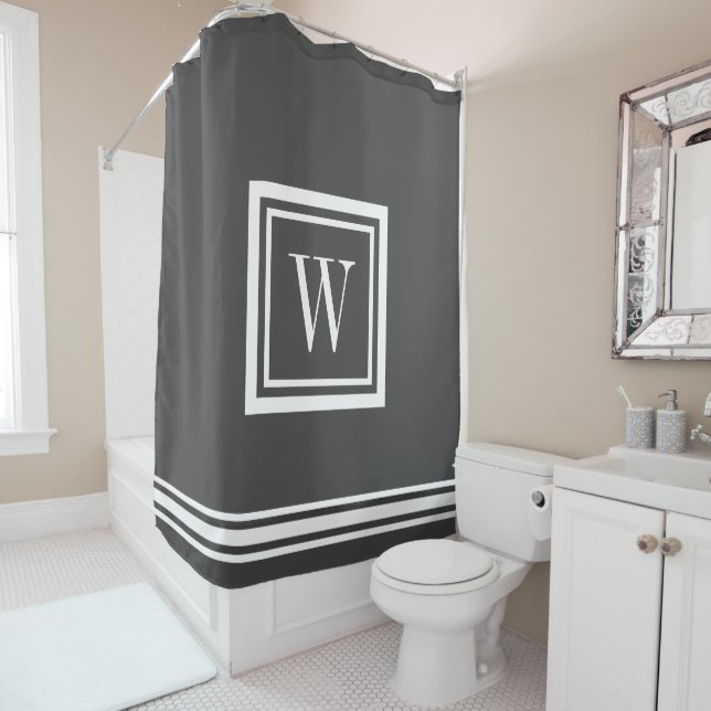 Rideaux De Douche Monogramme carré classique gris charbon et blanc (En situation)