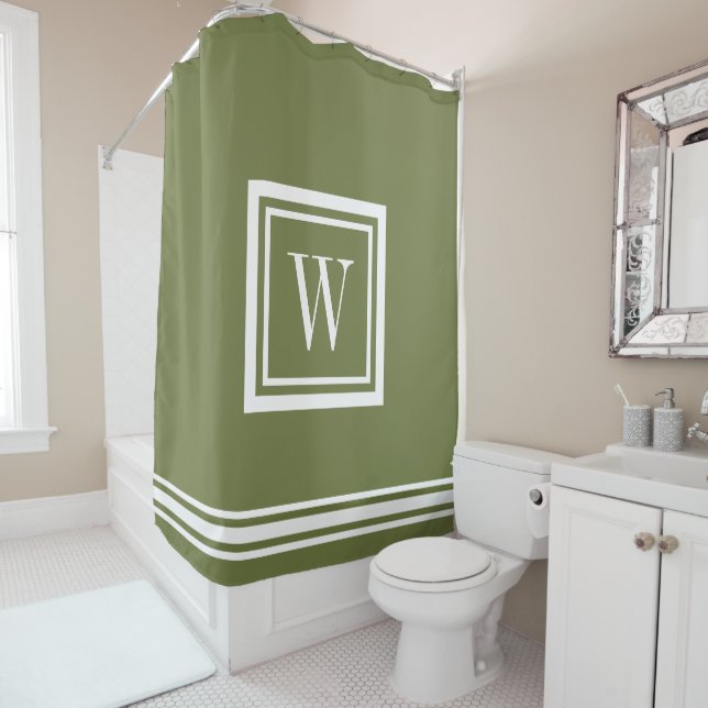 Rideaux De Douche Monogramme carré classique vert olive et blanc (En situation)